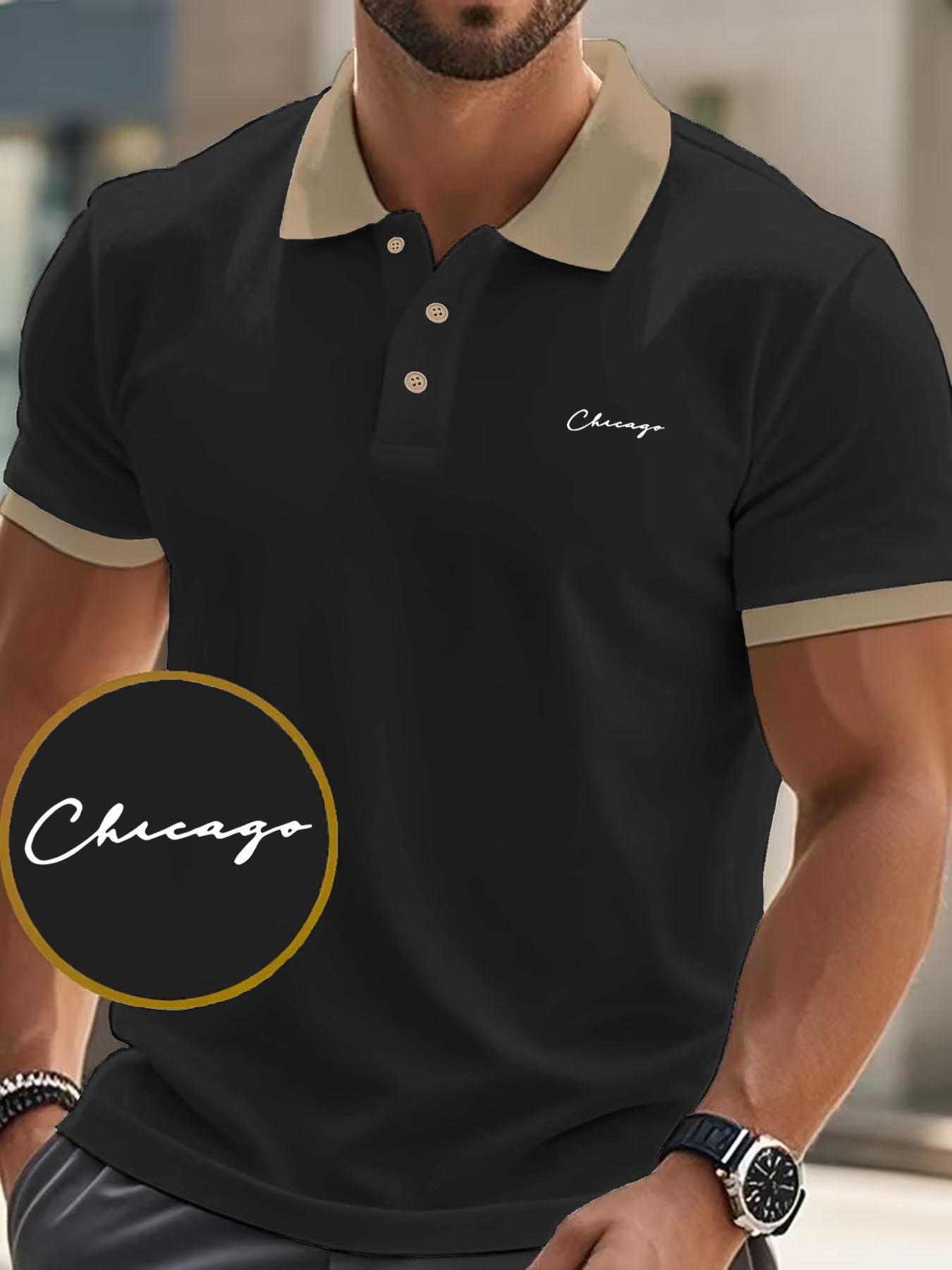 Men's Chicago Handwritten Print Polo Shirt, Slim-Fitting American Style Top, Short Sleeve Casual Wear for Spring & Fall
