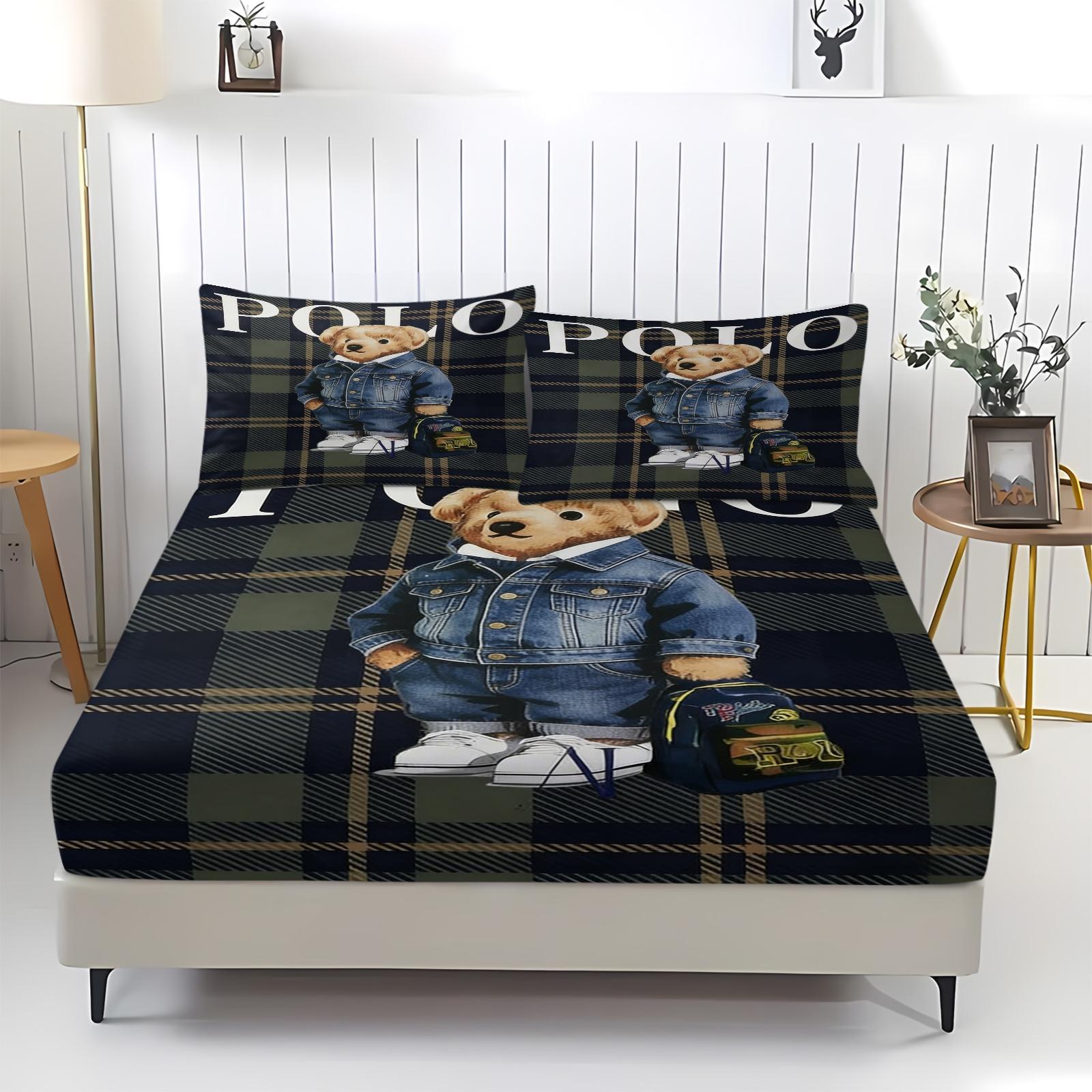 Teddy Bear Pattern Bed Sheet, Comfortable Printed Pattern, Includes 1 Bed Sheet and 2 Pillowcases, Comfortable Bedding, Non slip Dust Cover Suitable for Bedroom and Guest Room, Suitable as a Gift for Children or Adults