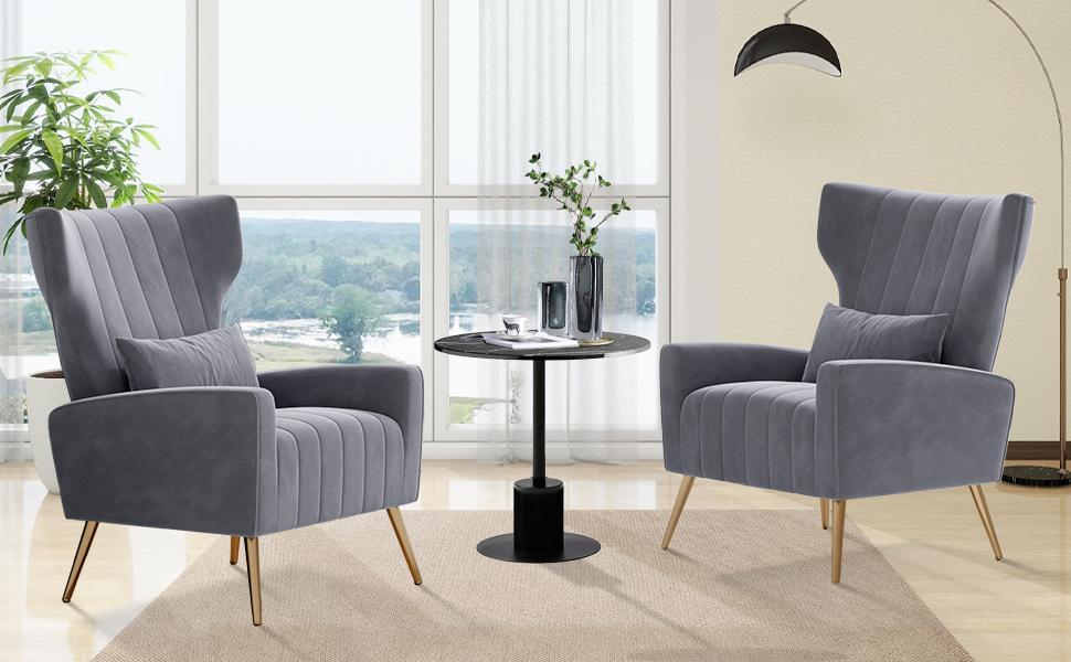 Velvet Accent Chair Wingback for Living Room, High Back Arm Chair with Golden Legs Lumbar Pillow, Upholstered Single Sofa Bedroom Beige