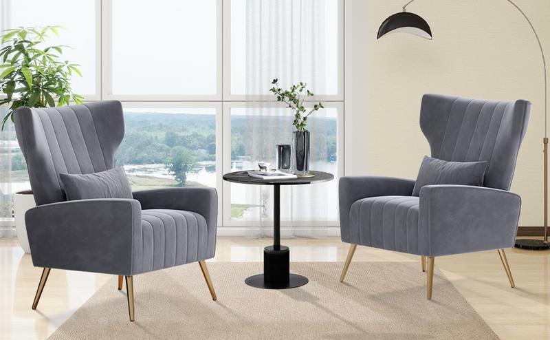 Velvet Accent Chair Wingback for Living Room, High Back Arm Chair with Golden Legs Lumbar Pillow, Upholstered Single Sofa Bedroom Beige