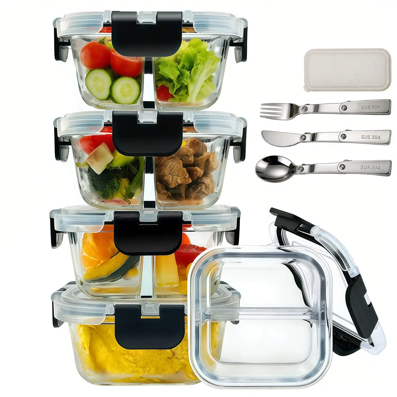 5-Pack 8oz Black Bariatric Meal Prep Bowls with Lids - Reusable Glass Kitchen Containers for Portion Control, Reheating, Storage, Plus Folding Utensils (Spoon, Fork, Knife)