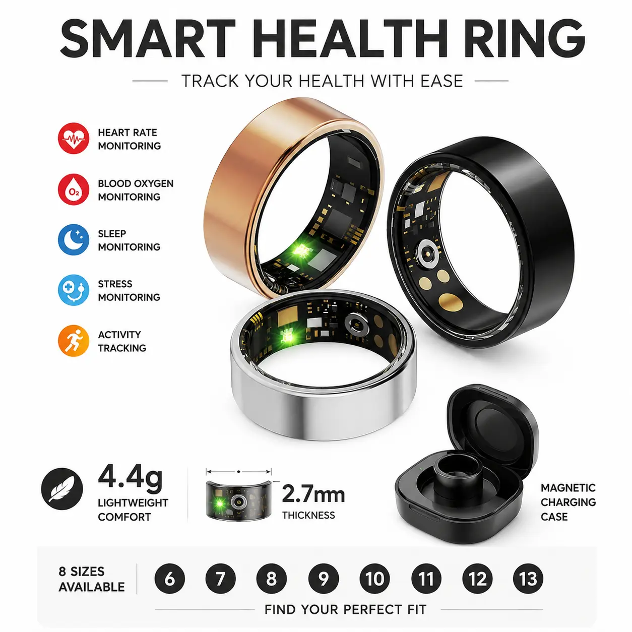 Smart Ring Health Tracker, IP68 Waterproof Wearable Sport Device, Cool Gadgets for Couples, Gifts for Boyfriend, Boyfriend Birthday Gift