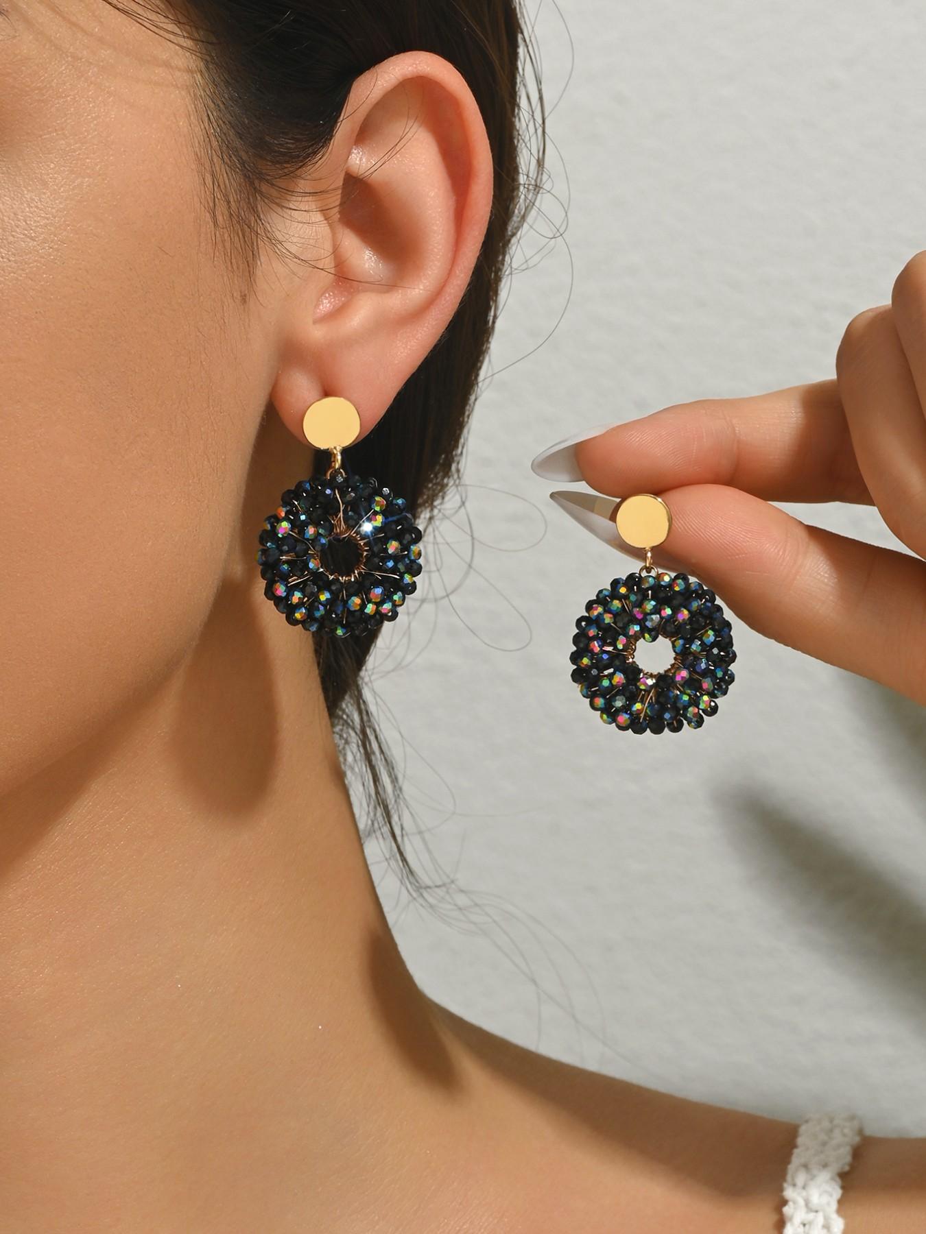 A pair of pure handmade, beaded circular dangle earrings featuring a dazzling "Bling-Bling" effect and a chic Bohemian resort style. These vintage-inspired, ethnic-style earrings offer a unique, versatile, and minimalist aesthetic—exuding elegance