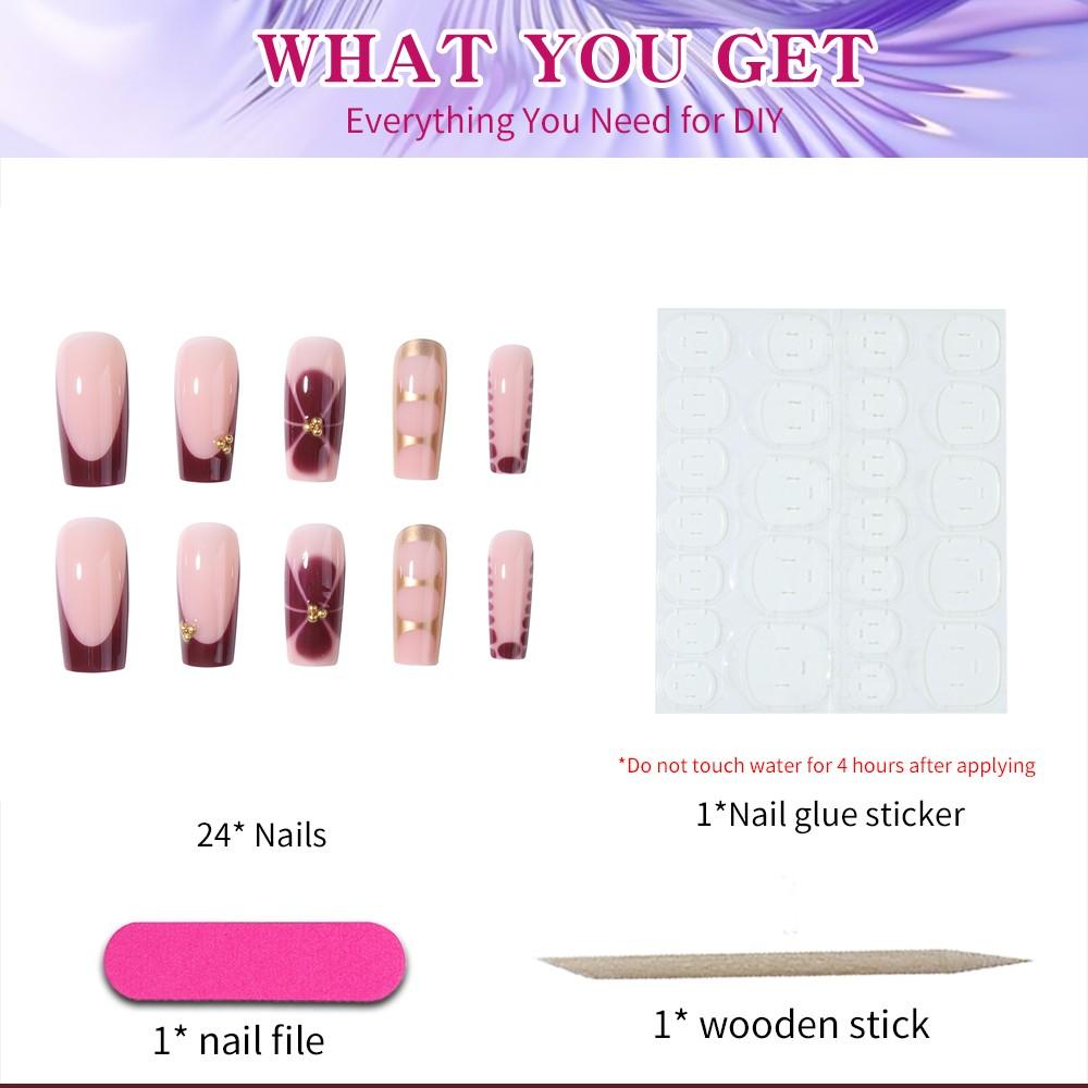 24pcs Transparent Nude Foundation Color Nail Art Set, Gold French Edge Design, Glossy Finish, Long Trapezoidal Shape, Versatile for All Occasions