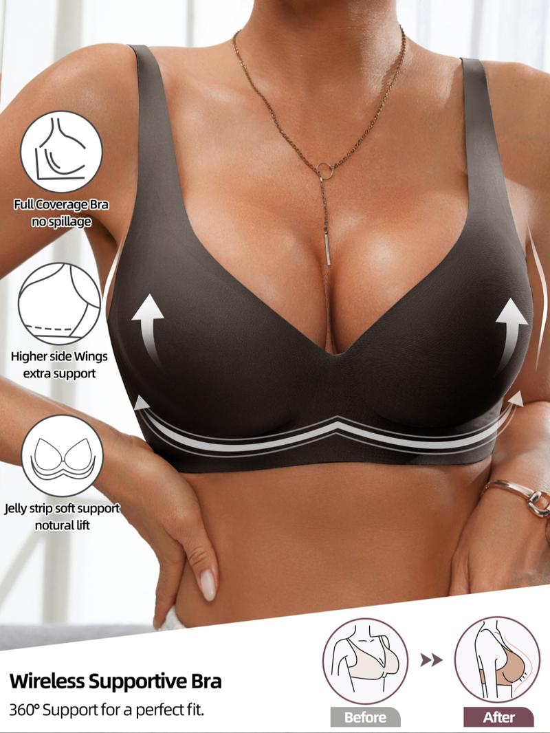 Women's Wireless Jelly Bra, Deep V Design, Medium Support, Fitted Plain Pattern, Casual Daily Wear, All Seasons, Moderate Fabric Underwear
