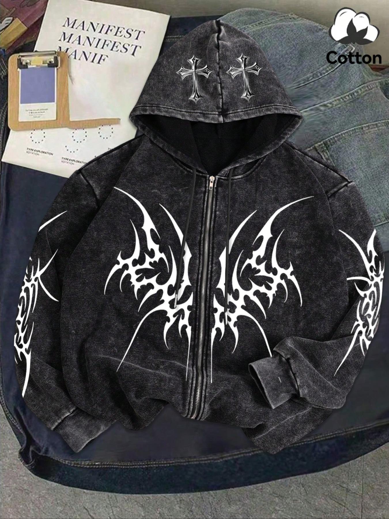 Y2K Rock Wash Full Zip Hoodie, Gothic Cross and Tribal Thorn