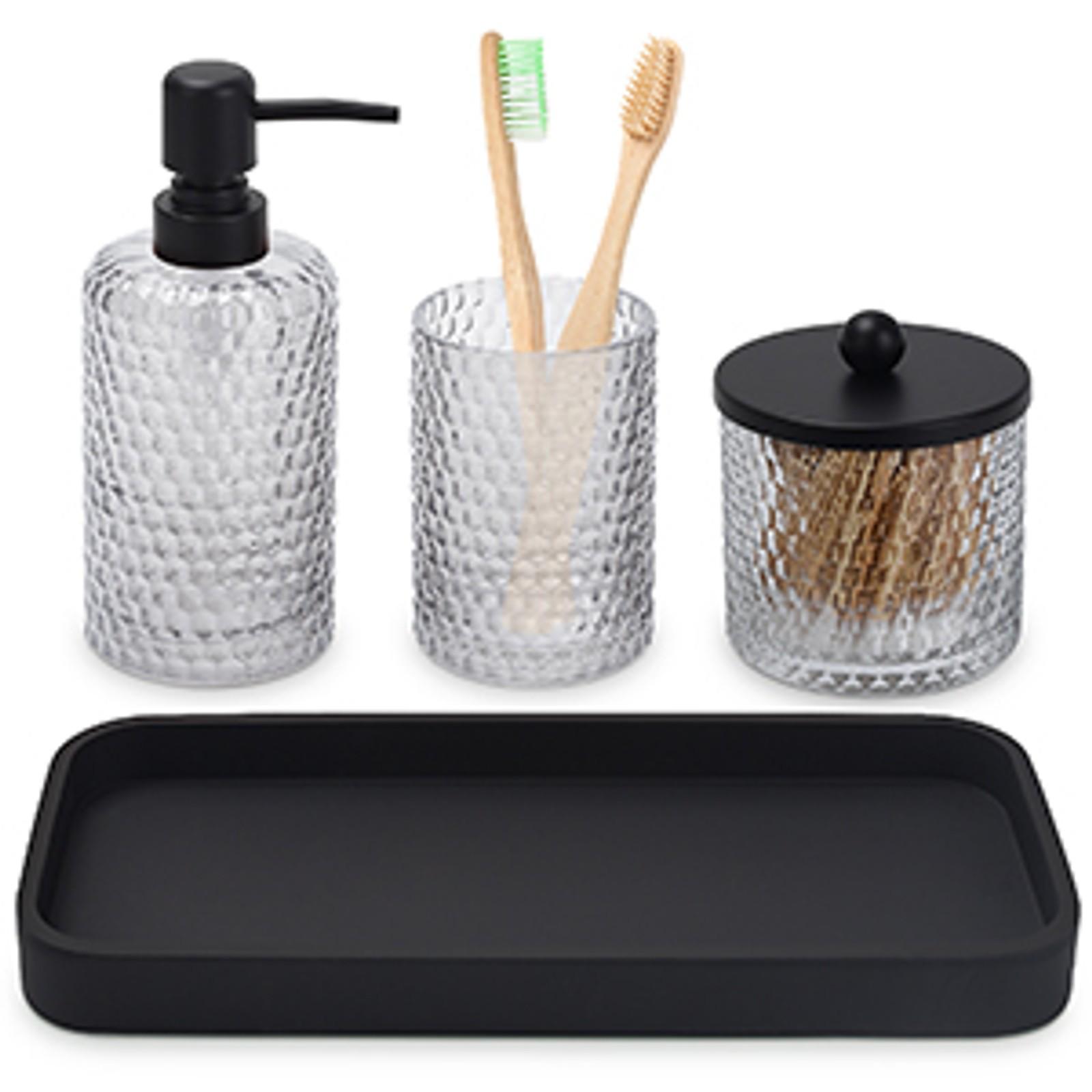 Bathroom Accessory Set,4 Pcs Clear Glass Bathroom Accessories Set-Lotion Soap Dispenser,Toothbrush Holder,Qtip Holder Dispenser & Resin Vanity Tray,Countertop Vanity Organizer,Crystal Clear