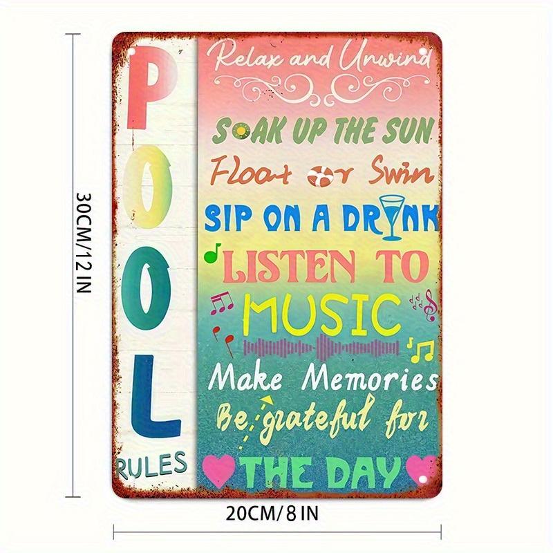 Vintage Pool Rules Cast Iron Metal Plaque - 8x12in Rustproof Rectangular Wall Art, Boho Home Decor with Funny Sayings, Universal for Outdoor Decor, Indoors Bathroom Patio