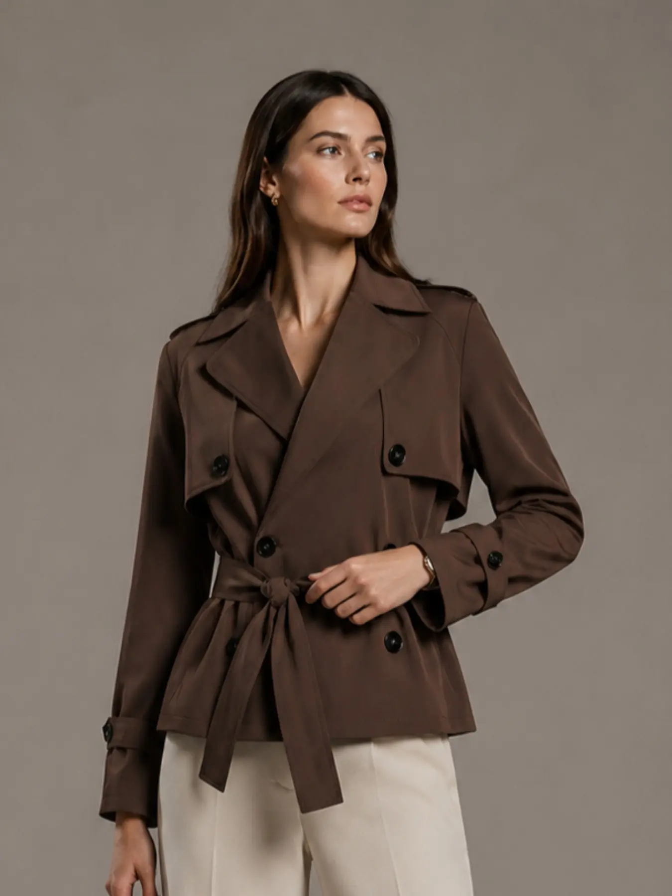 New Fall Winter Women's Coat, Elegant Stand Collar Double Button Belted Windbreaker, Casual Loose-Fitting Outerwear for Commute
