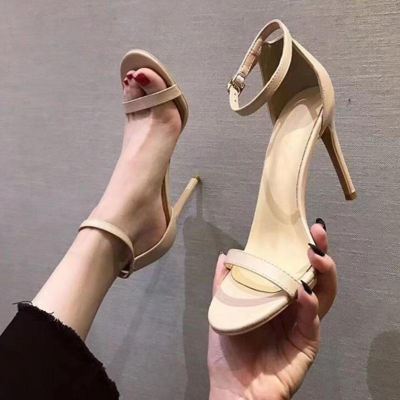 French Elegant Fashion Sandals for Women Versatile Sexy Thin Heel One Strap Buckle Open Toe Summer High Heels