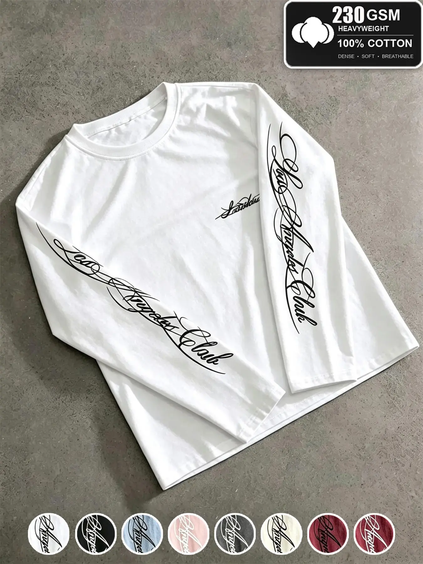 Unisex 100% Cotton Long Sleeve Graphic Tee, Script Lettering on Sleeves and Chest, Chicano American Streetwear, Oversized Relaxed Fit Casual Top