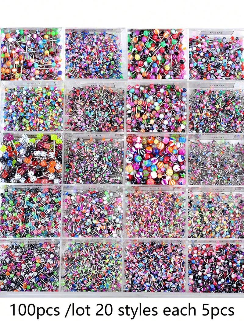 100pcs Stainless Steel Body Jewelry Set, Belly Rings Tongue Piercings Eyebrow Nose Lip Studs, 20 Models, Casual Colorblock Style, Nose Piercings Kit