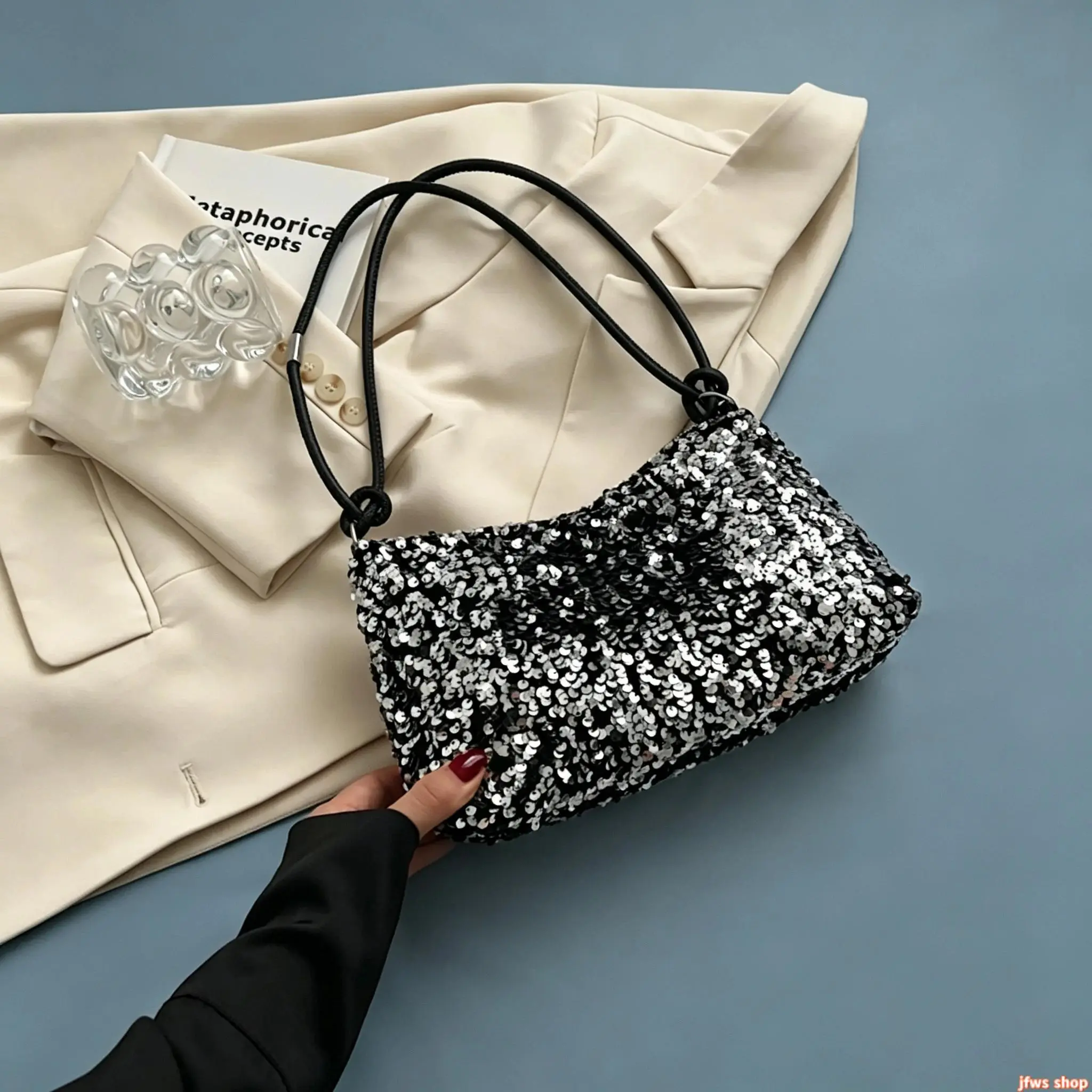 Bling Shoulder Bag for Women, Shiny Textured Sequin Baguette Crossbody Purse, Lightweight Large Capacity Sparkly Handbag for Party Night Out tiktokshopbacktoschool