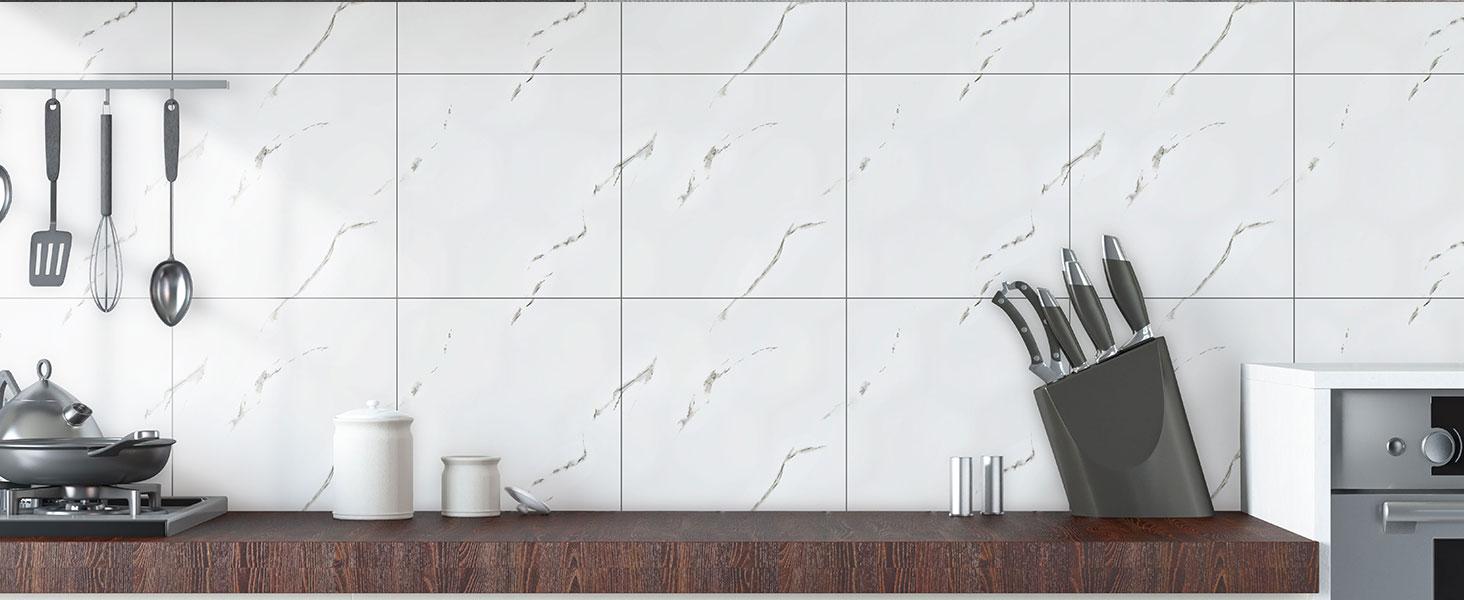 10pcs Peel and Stick Shower Waterproof Marble Tiles Wall Panels, 11.8"x11.8" Self-Adhesive Backsplash, for Home Bathroom, Kitchen, Living Room White (Not Real Tile)