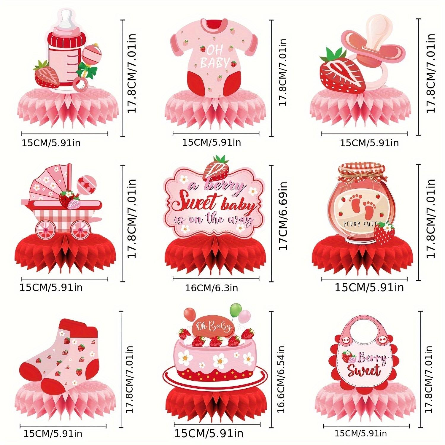 9Pcs Strawberry Baby Shower Decorations, Berry Sweet Baby Shower Honeycomb Centerpieces, Sweet One First Birthday Party Table Decor for Girls, Pink and Red Berry Themed Party Supplies