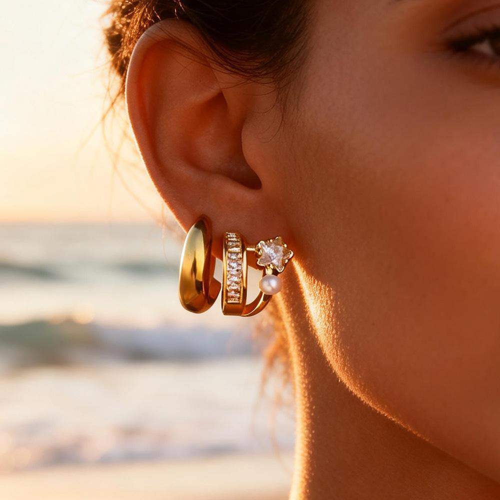 Stylish Titanium Steel C-Shaped Hoop Earrings, 18K Gold Plated, Inlaid Zircon, Trendy & Versatile Design, Tarnish & Water Resistant, Perfect Birthday & Holiday Gift for Her