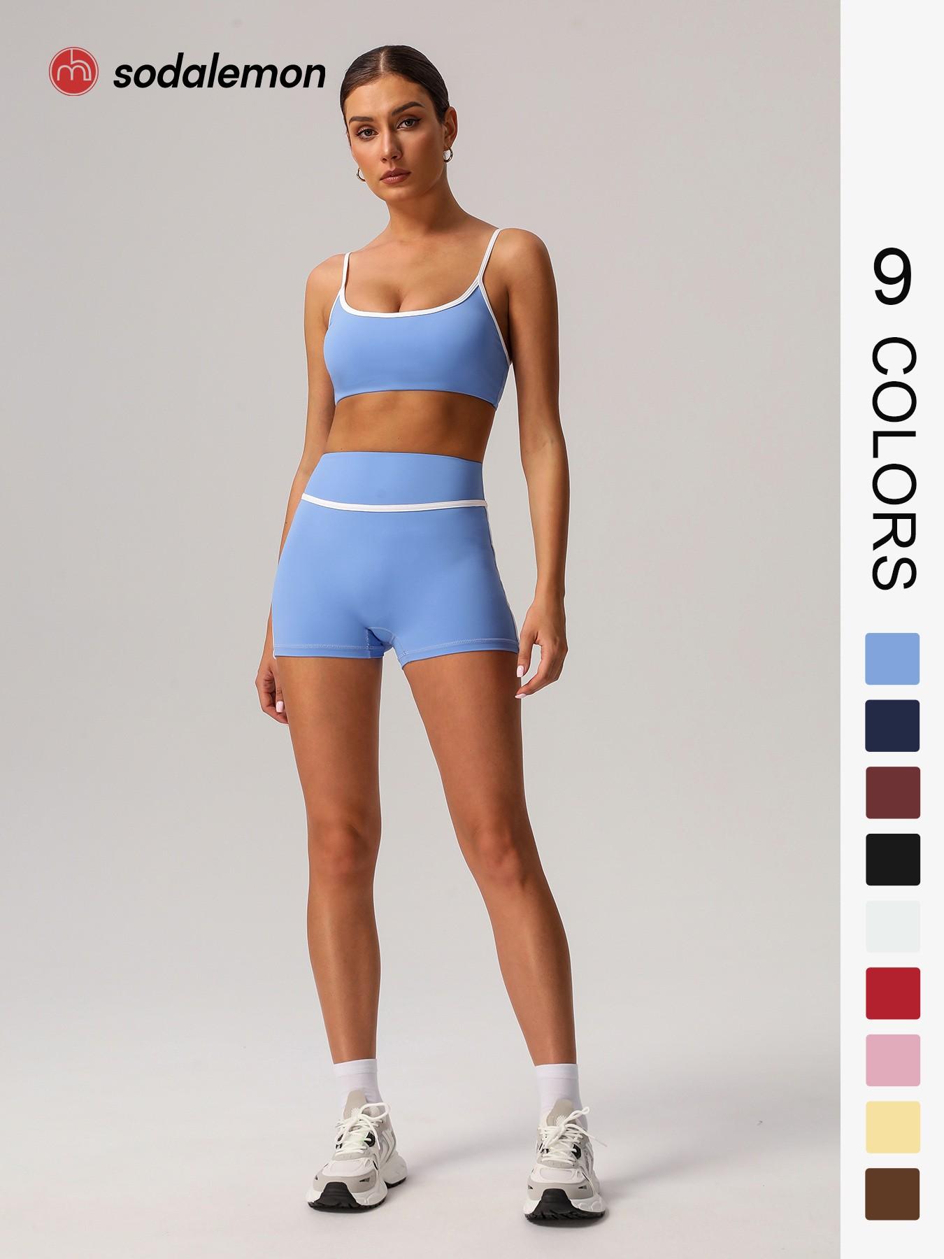 Sodalemon Women's Contrast Binding Crop Sports Bra & High Waist Shorts Sportswear Set, Breathable Comfortable Outfits Gym Sets for Yoga Gym Workout Running, Ladies Sportswear for All Seasons, Yoga Clothes Set