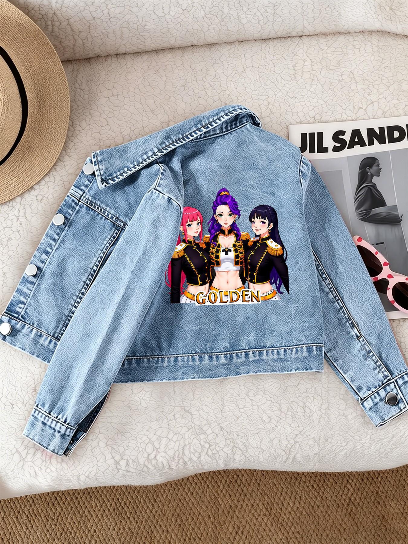 Girls' Casual Fashion Denim Jacket, Sweet Cool Kpop Pattern Print, Comfortable Fit, Suitable for School and Dates, Ages 12 and Under