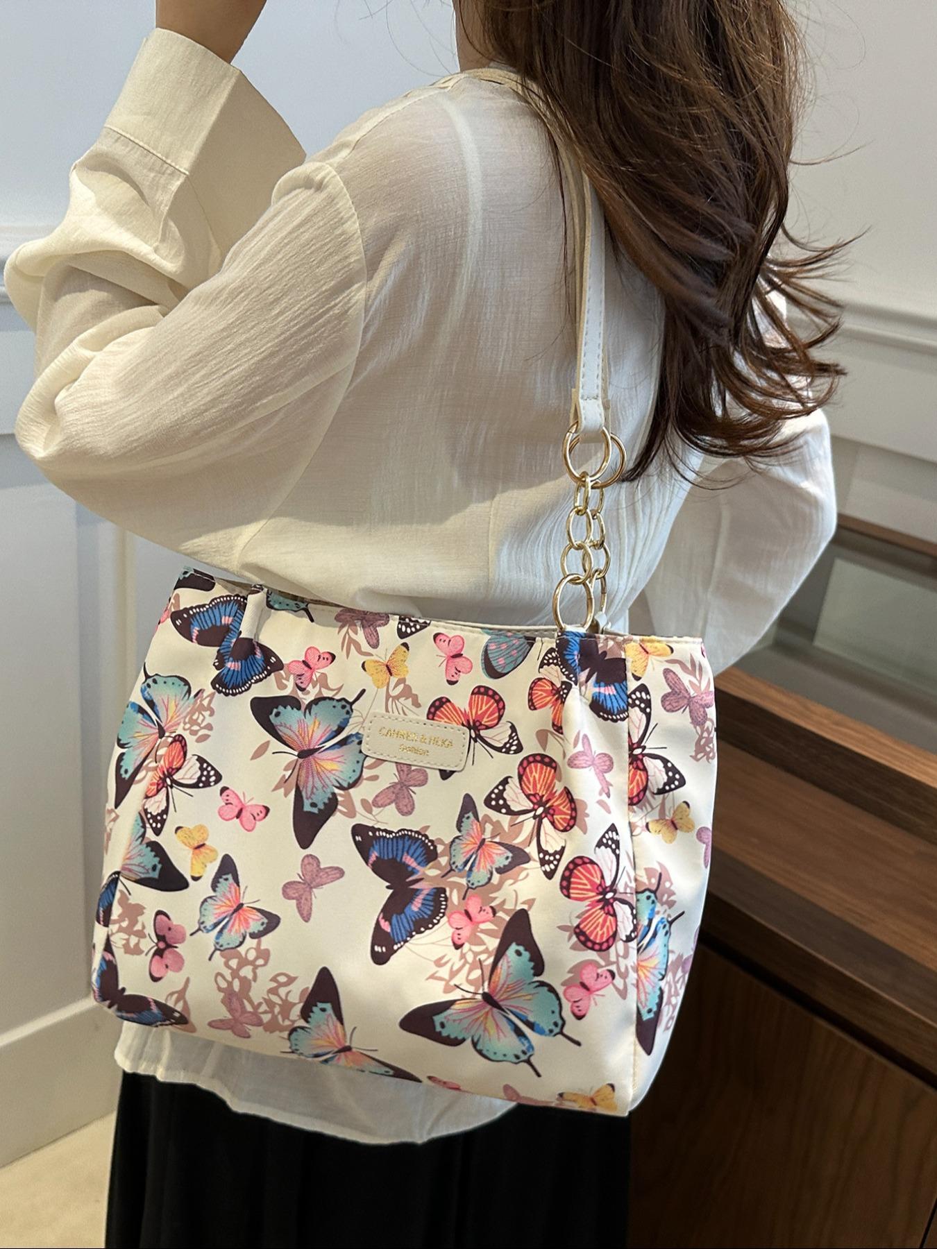 Women's Fashion Striped Handbag, Large Capacity Shoulder Bag with Metal Chain Strap, Waterproof Nylon Material, Ideal for Daily Use, Fashionable Patterned Bag