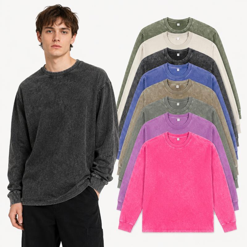 Men's Long Sleeve Crew Neck T Shirts 1/4 Pack, Vintage Washed Casual Tops, Pure Cotton Basic Shirts, Distressed Retro Style Tees, Loose Fit Pullover Clothing, Daily Wear Essential, Streetwear Inspired Fashion Outfit