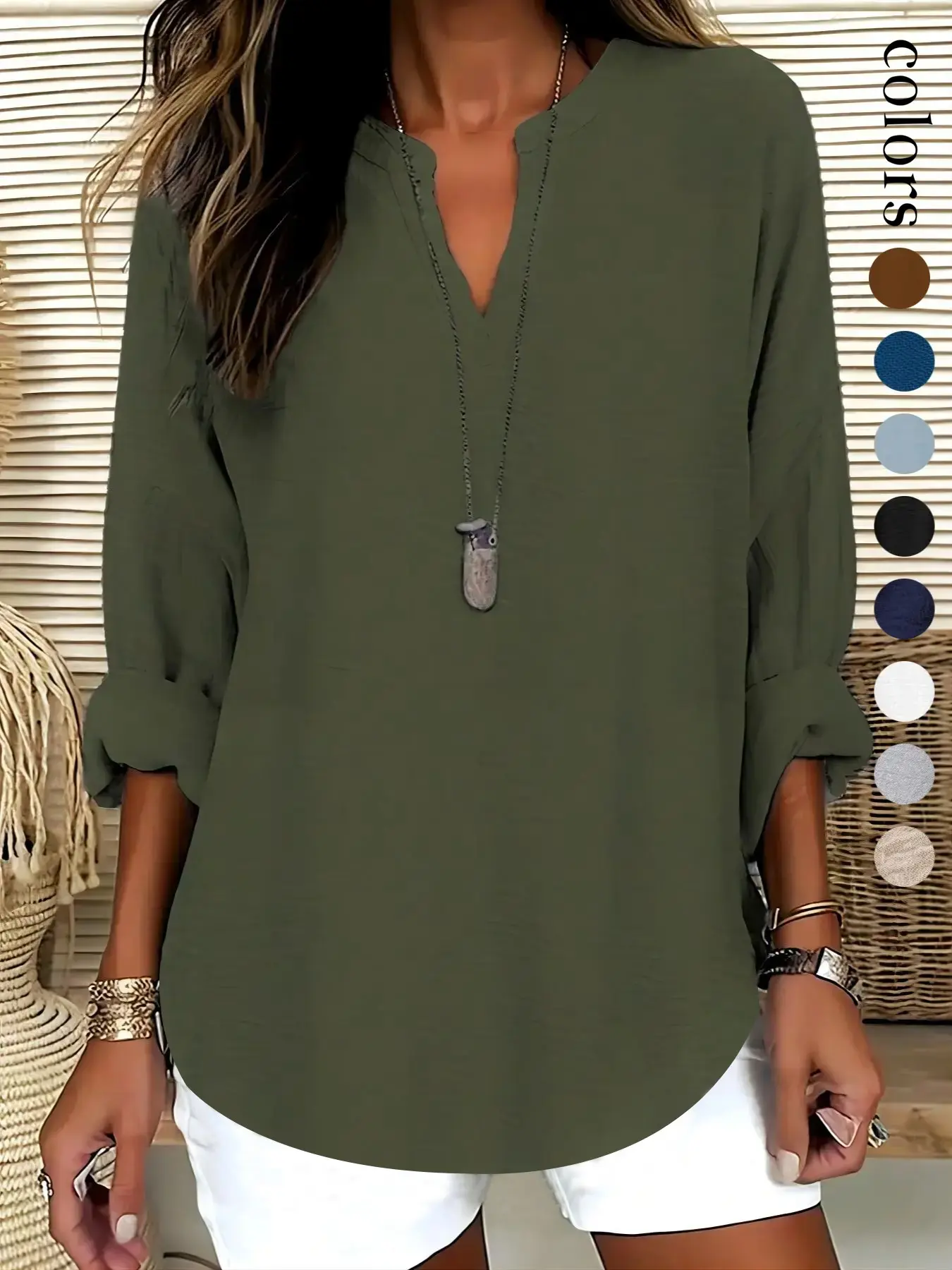 Women's Plain Notched Neck Drop Shoulder Blouse Shirt, Loose Shirts, Casual Minimalist Long Sleeve Top for Spring & Fall, Women's Clothing for Daily Wear, Casual Chic Top