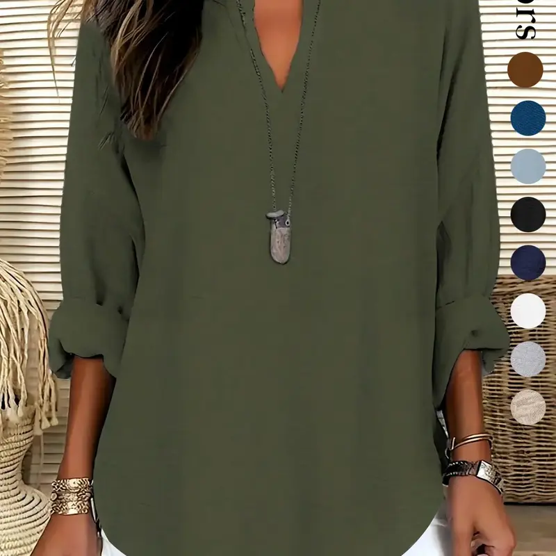 【Black Friday】Women's Plain Notched Neck Drop Shoulder Blouse, Loose Casual Minimalist Long Sleeve Top for Spring & Fall, Women's Clothing for Daily Wear, Casual Chic Top