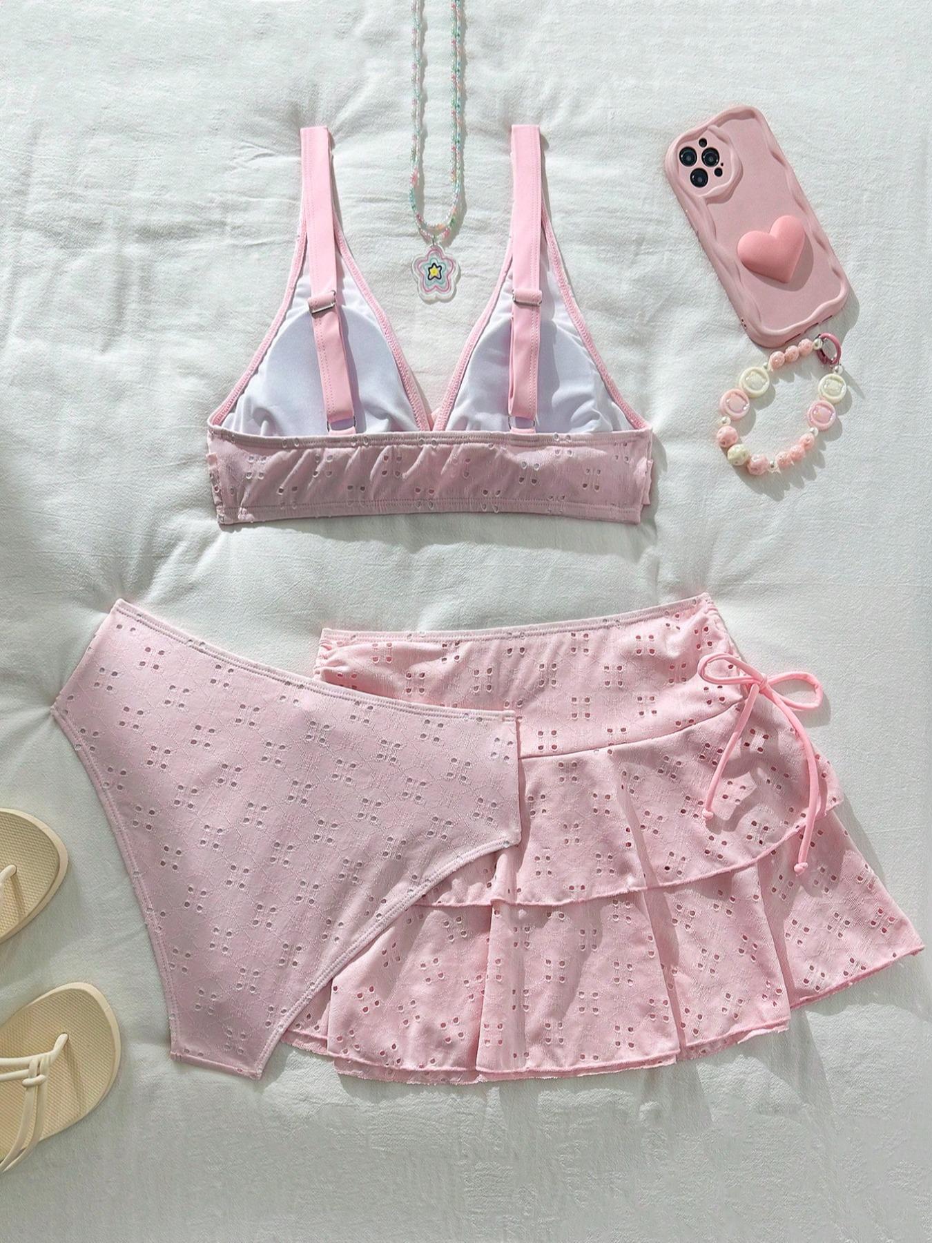 New High-End Sweet Cute Sexy Belly Control Mesh Cross Gathered Skirt Bikini Three-Piece Swimsuit Set