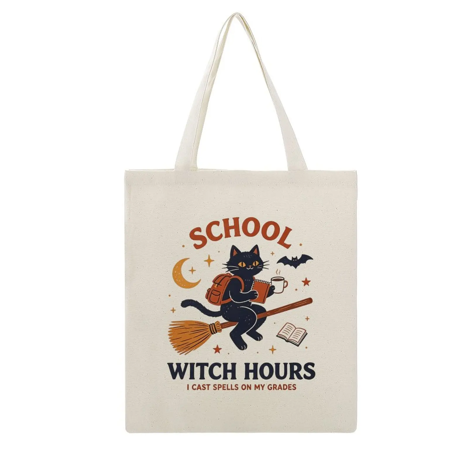 Halloween Cotton Blend Open-Top Tote Bag (15.8x13.4in Large Size) - Witch-Themed Reusable Shoulder Bag with Black Cat, Broomstick, "I Cast Spells On My Grades" Graphic Print for School Students, Everyday Use