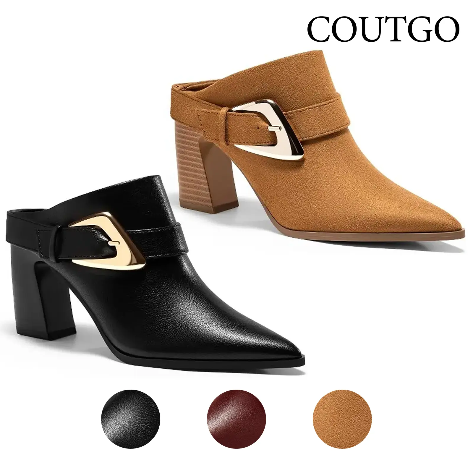 Coutgo Womens Mules Boots Chunky Stacked Heel Pointed Toe Booties Slip On Dress Boot Shoes with Buckle Decoration tiktokshopbacktoschool