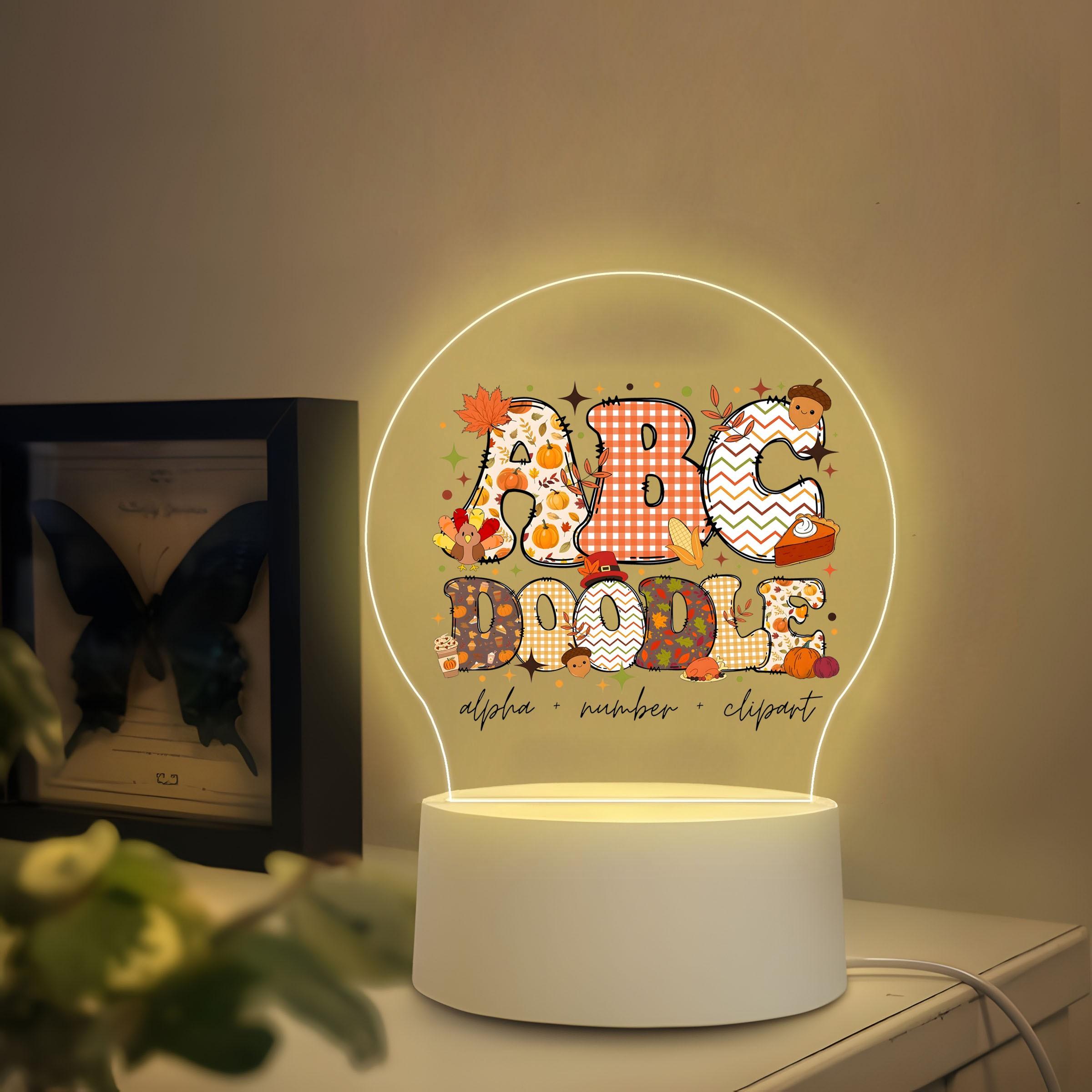 Acrylic Night Light with Thanksgiving Elements, Soft Warm Glow, Cartoon Hand-Drawn Style, Ideal for Kids' Room, Early Education, Gift