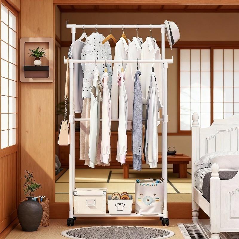 1 double pole simple multifunctional household floor Laundry drying rack, clothes drying pole assembly, clothes drying storage rack, clothes hanging rack storage rack with storage layer rack, drying and storage 2-in-1 Shelf Single Layer Rack