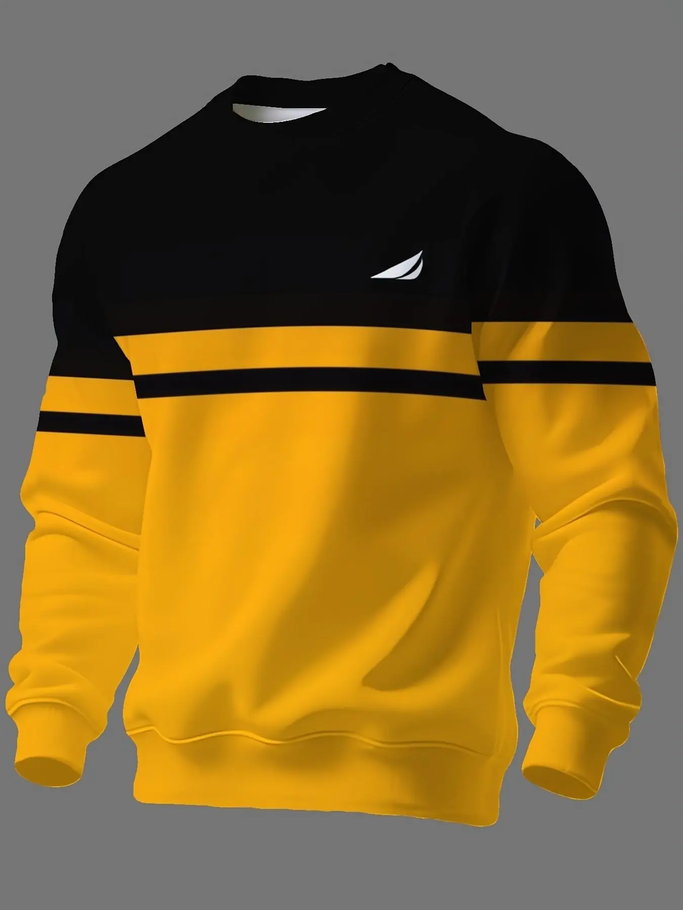Men Crew Neck Sweatshirt, Color Block Stripe Print Pullover, Small Sail Logo Graphic, Bold Two Tone Striped Long Sleeve Top, Multiple Color Options, Casual Daily Street Outfit for Men. #StripedSweatshirt #MensPullover #Streetwear #Colorblock
