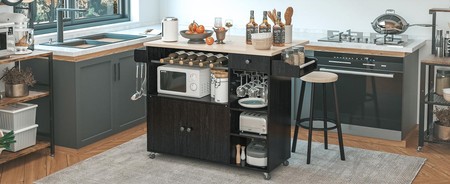 IRONCK Rolling Kitchen Storage Cabinet Island with Drop-Leaf, Wine Rack & Microwave Stand, Mobile Cart with Drawer,Shelves & Spice Rack & Cup Hanging IRONCK Rolling Kitchen Storage Cabinet Island with Drop-Leaf, Wine Rack & Microwave Stand, Mobile Cart with Drawer,Shelves & Spice Rack & Cup Hanging