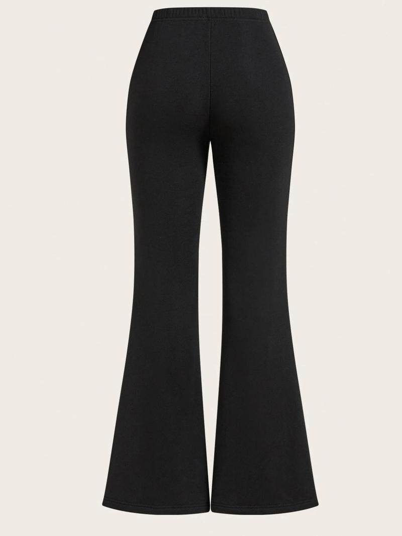 Women's Fall Winter Streetwear Casual Sporty Basic Knit Fleece Pullover High Neck Long Sleeve T-Shirt and Bell Bottoms Two-Piece Set