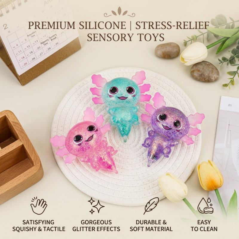 Axolotl squishy toy, made of glittery silicone, cute and adorable, chibi-style salamander design, slow-rebound squishy for stress relief, perfect for students and office workers, a great children's gift, and a stress-relieving toy.