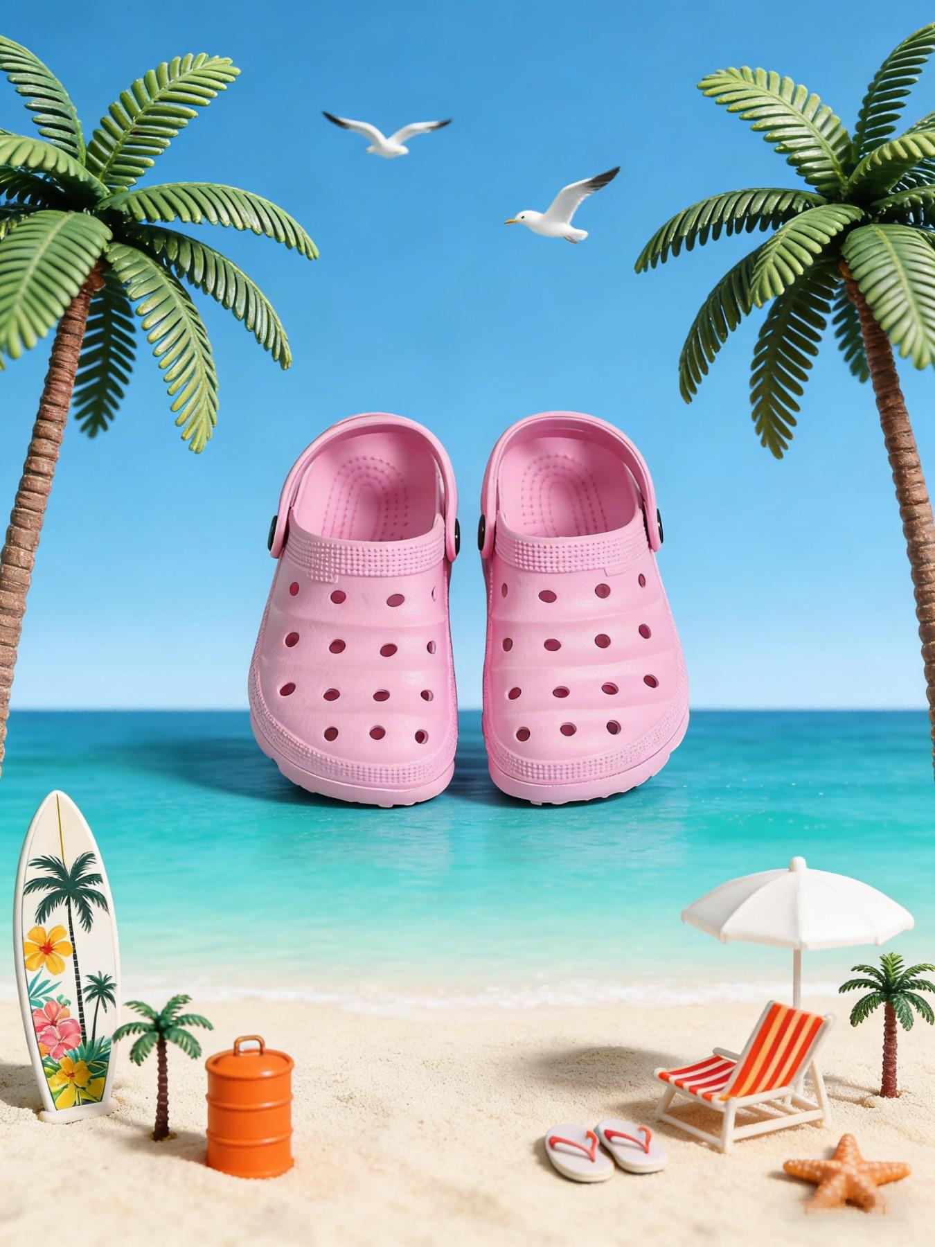Summer New Pure Color Holey Shoes, Cute Thick Sole Anti-Slip Comfortable Breathable Closed-Toe Kids Sandals, Beach Resort Indoor Outdoor Slippers, Eva Slippers, Casual Beach Slippers