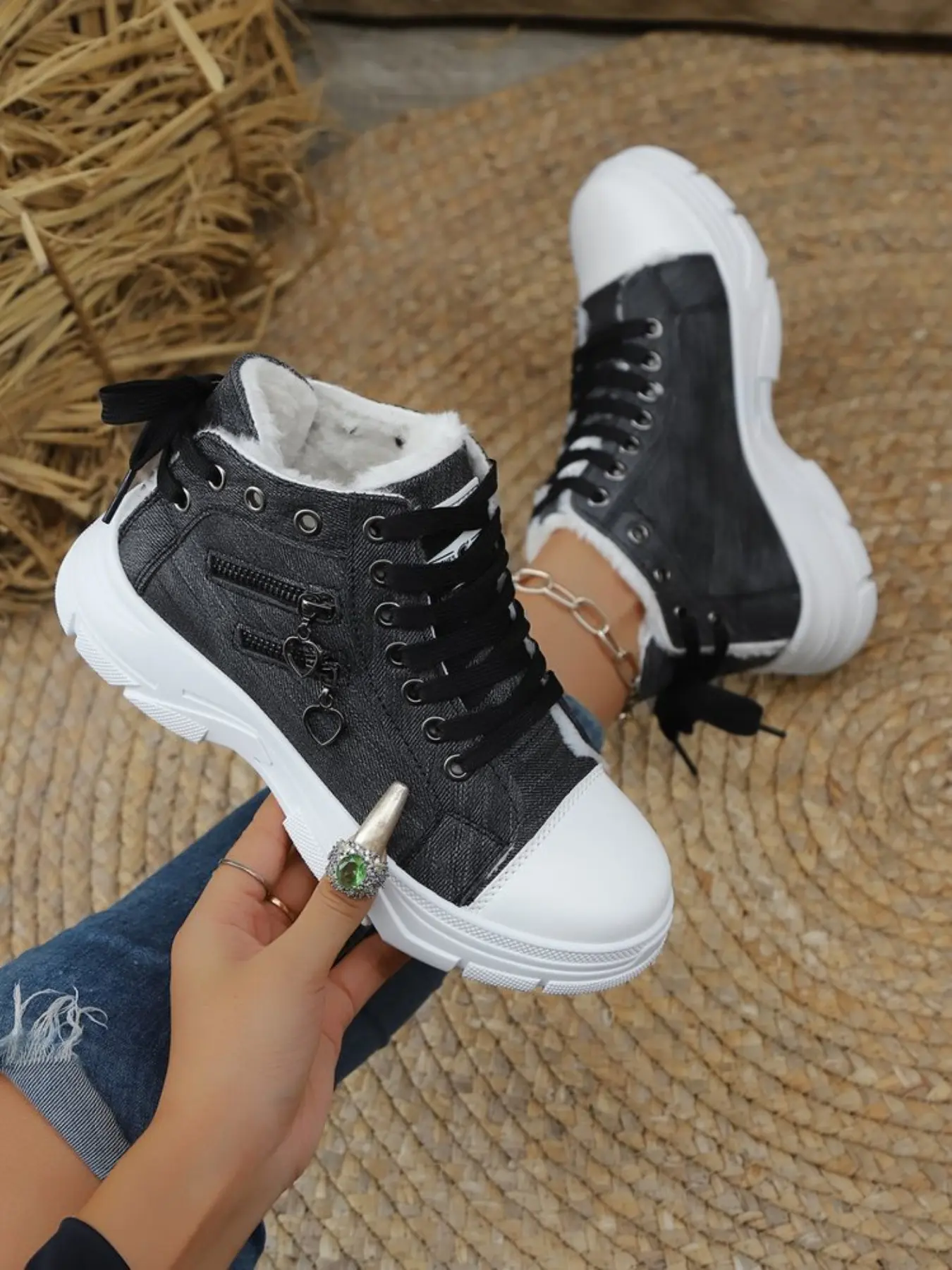 High Top Denim Canvas Shoes, Thick Fleece Lining, Dual Zipper Design, Heart Metal Charm, Anti-Slip Sole, Fall Winter Fashion