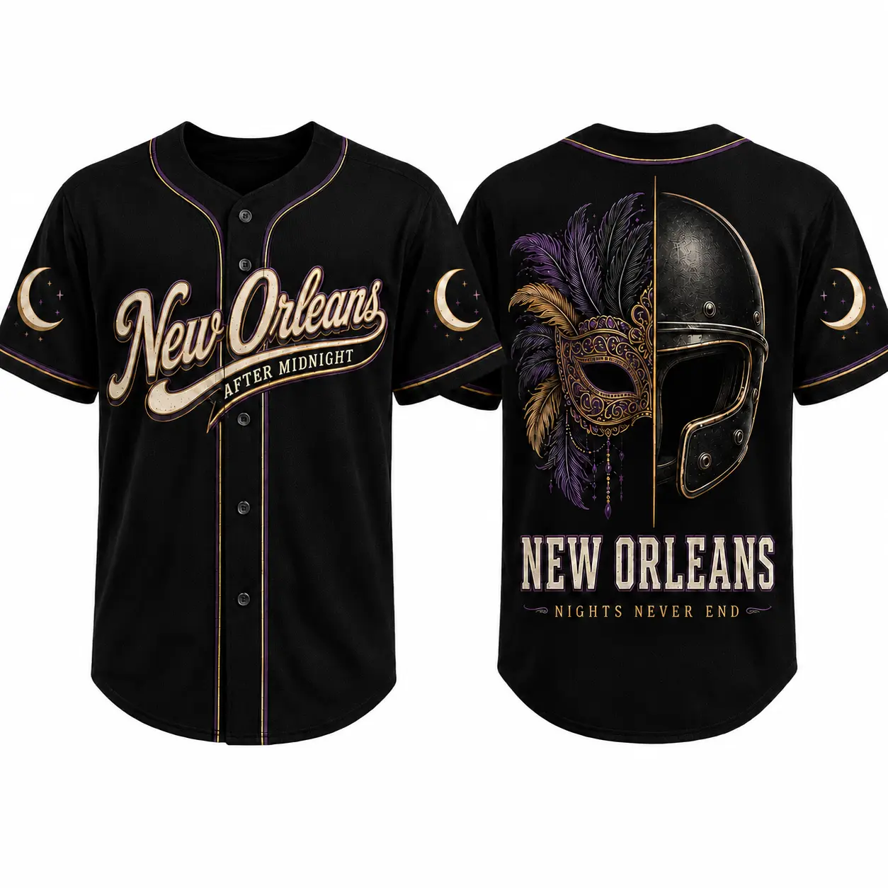 Men's Black Short-Sleeve Button-Down Graphic Baseball Jersey - New Orleans After Midnight Print, Mardi Gras Mask & Helmet Design, Retro Mens Jersey Style, Vintage City Night Look, S-5XL