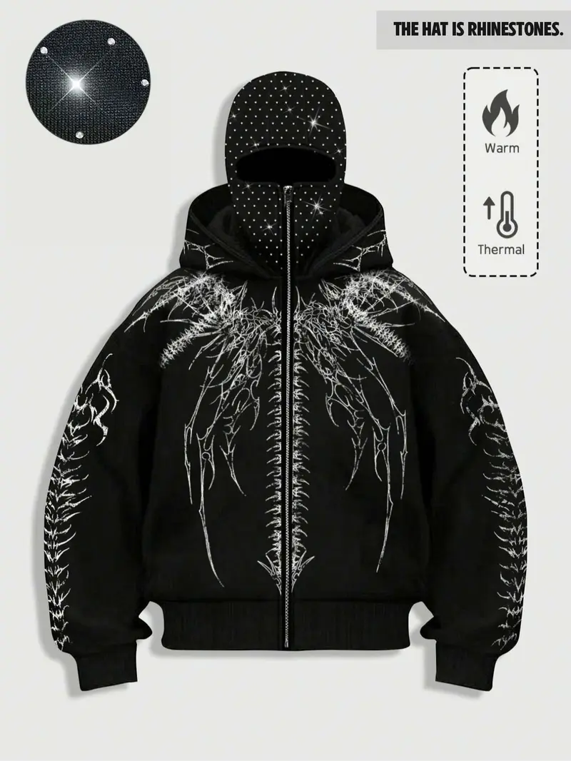 【Black Friday】Unisex Loose Rhinestone-Embellished Zipper Hoodie, Eye Print Warm Fleece-Lined Hooded Sweatshirt, Autumn and Winter Wear, Hip-Hop Street Style Graphic Top for Nightclubs and Music Festivals