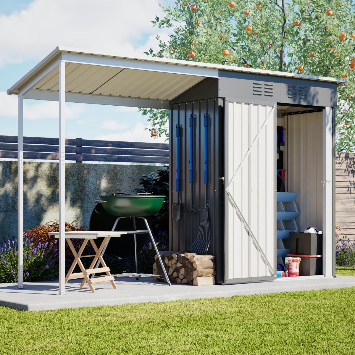 Stable 5x3 ft Rectangle 2-in-1 Dual-Purpose Steel Frame Garden Shed & Gazebo Combo, Corrosion-Resistant Weatherproof Storage, Reinforced Frame Sheltered Space with Sloped Roof, Lean-To, Open Pergola Cover, Fire Safety Label for Backyard, Assembly Required
