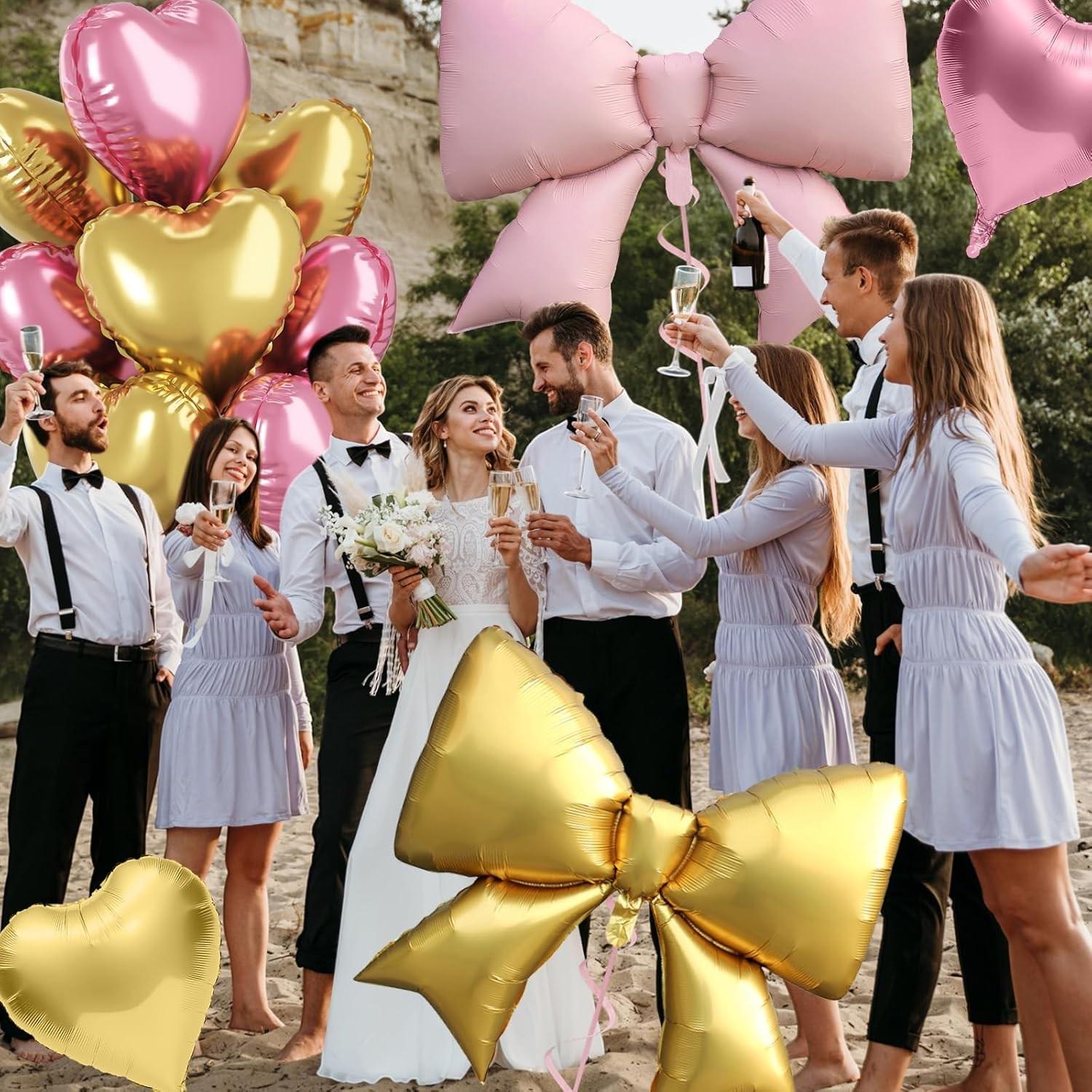 Pink and gold heart-shaped bow balloons, 8 18 inch heart-shaped balloons and 2 38 inch bow balloons (with 2 accessories), suitable for girls' birthdays, Valentine's Day, baby showers, wedding anniversary decorations