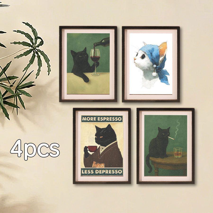 4 Pcs Fun Cat Refrigerator Magnets, Mini Frame Magnet Set, Home & Festival Decor, Perfect Holiday Gift, Creative Kitchen Accessories