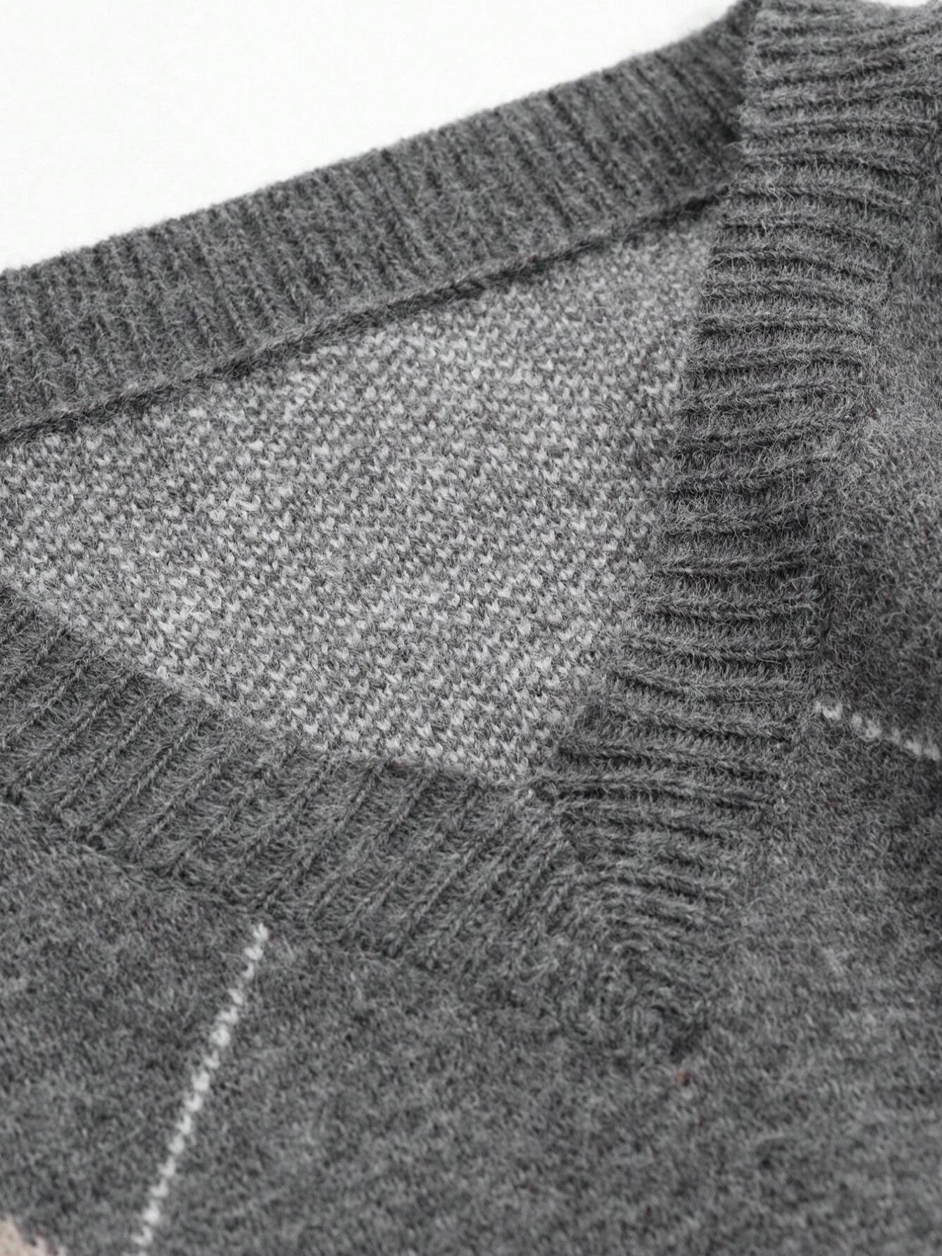 Women's Plaid V Neck Long Sleeve Pullover Sweater, Autumn Winter Loose-Fit Colorblock Casual Fashion Cozy Knit Top, Knitwear