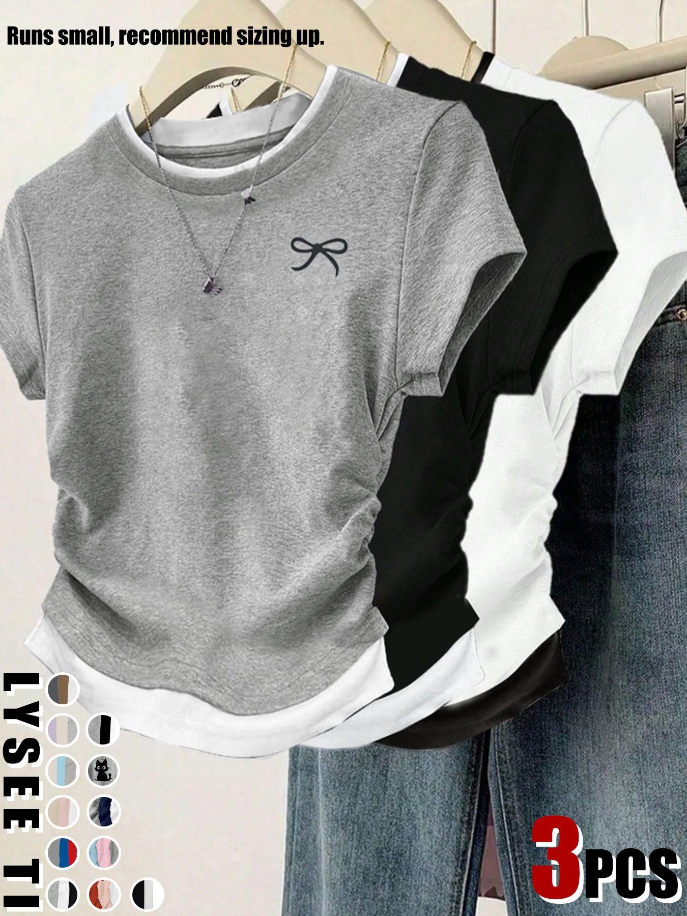 3pcs/1pc women's casual fashion slim fit small bow print details simple solid color pleated pullover shirt women's round neck short sleeved three piece T-shirt