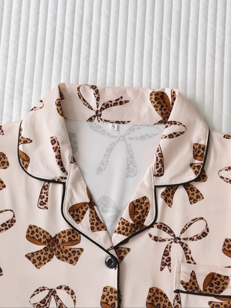 Women's Leopard Bow Print Sleepwear Set, Casual Fitted Short Sleeve Top & Loose Comfortable Shorts, Elegant Ladies' Nightwear