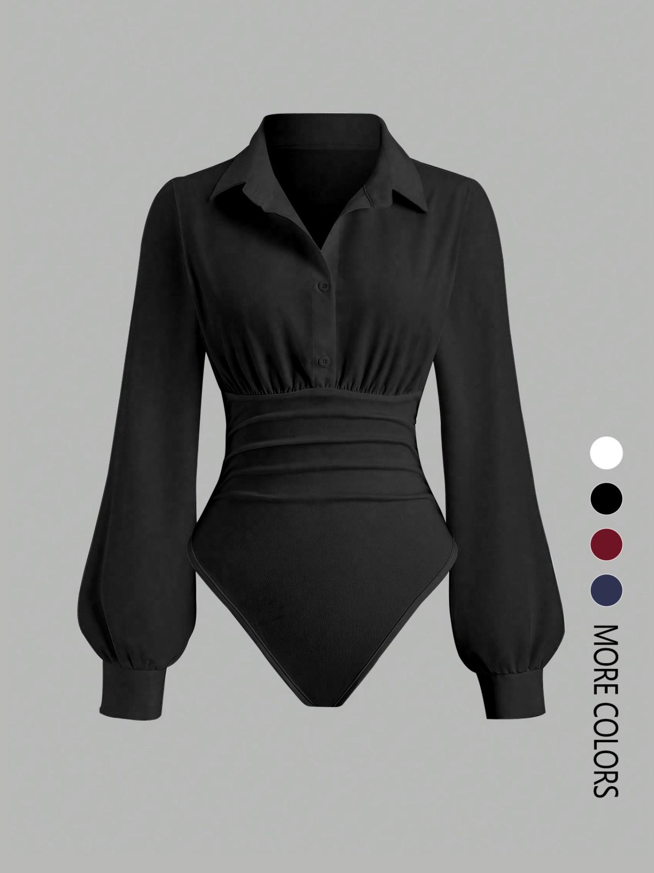 Women's solid color slim-fit V-neck long-sleeved shirt jumpsuit, elegant woven fabric, slim fit, suitable for all seasons, and can be layered flexibly Bodysuits