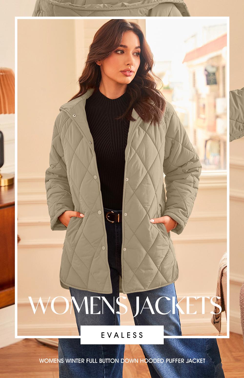 EVALESS Puffer Jacket for Women,Lightweight Long Sleeve Button Hoodies Outerwear,Oversized Basic Casual Comfort Coats Tops,2026 Womenswear Fall Winter Outfits