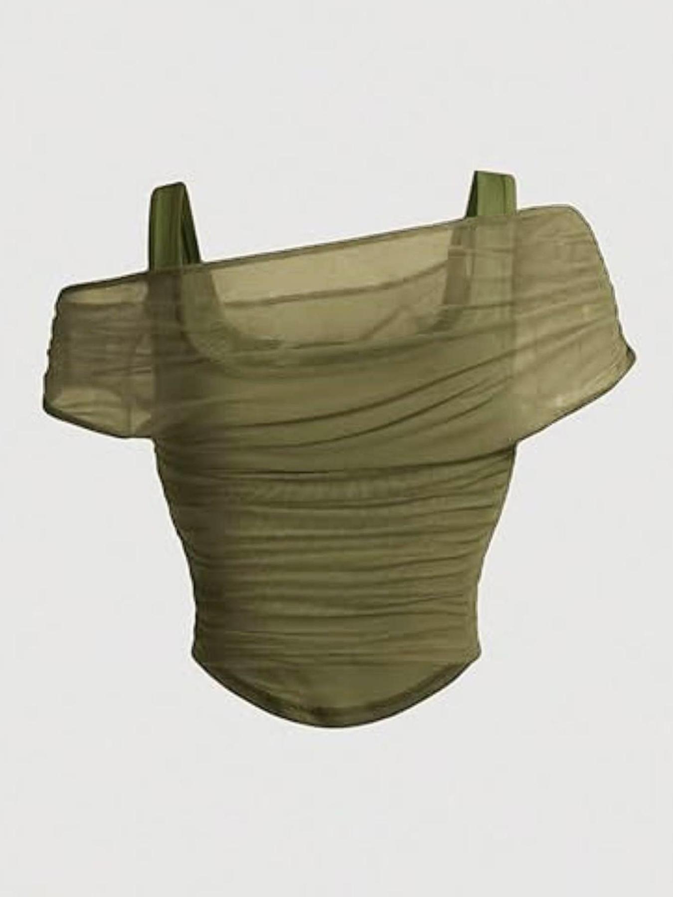 Women's Asymmetric Neckline Ruched Crop Top - Trendy Mesh Blouse for Club, Date Night & Vacation