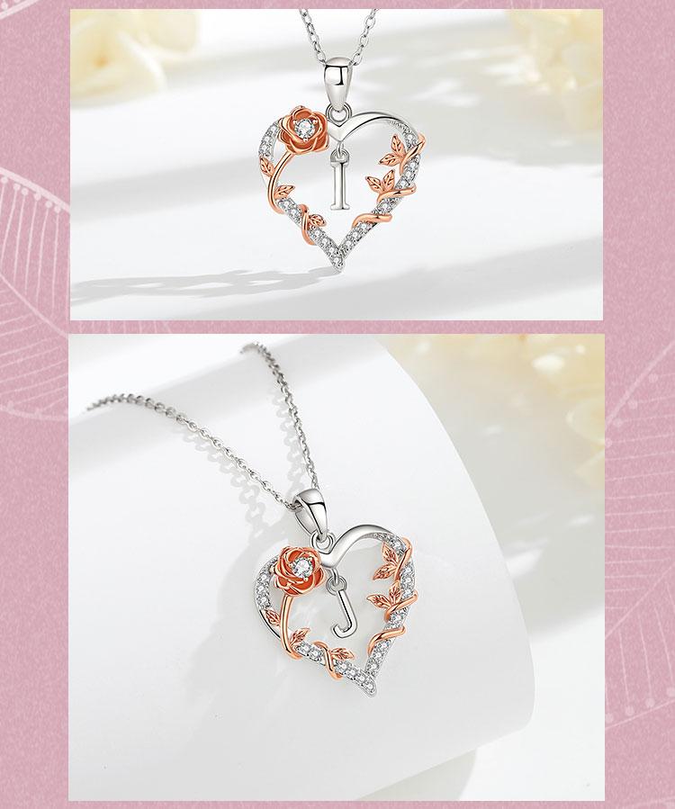 Personalized Letter Heart Necklace, Custom Initial Pendant Charms, Perfect Valentine’s Day Gift for Girlfriends, Moms, RoseGold Flower Jewelry