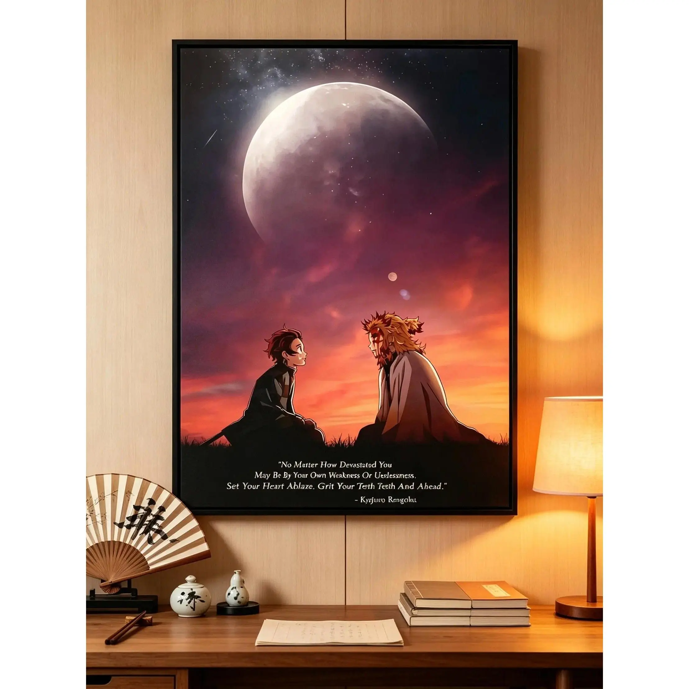 Demon Slayer Tanjiro & Rengoku Canvas Wall Art Painting, Sunset Moon Motivational Quote Poster, Trendy Manga Fan Wall Art, Retro Japanese Anime Bedroom Decor, Living Room Home Ornament, Single Wooden Framed Unique Artwork